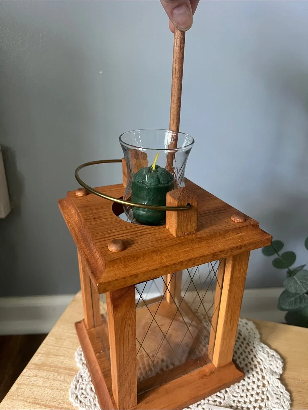 Rustic Wooden Lantern W/ Handle- Natural Brown 1980s Handmade